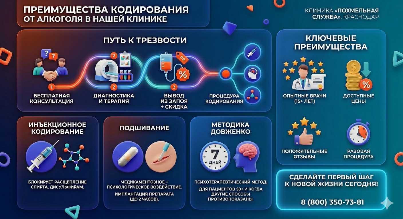 Инфографика о методах кодирования от алкоголя в Туринске: инъекции, подшивание, метод Довженко. Преимущества клиники и этапы лечения.