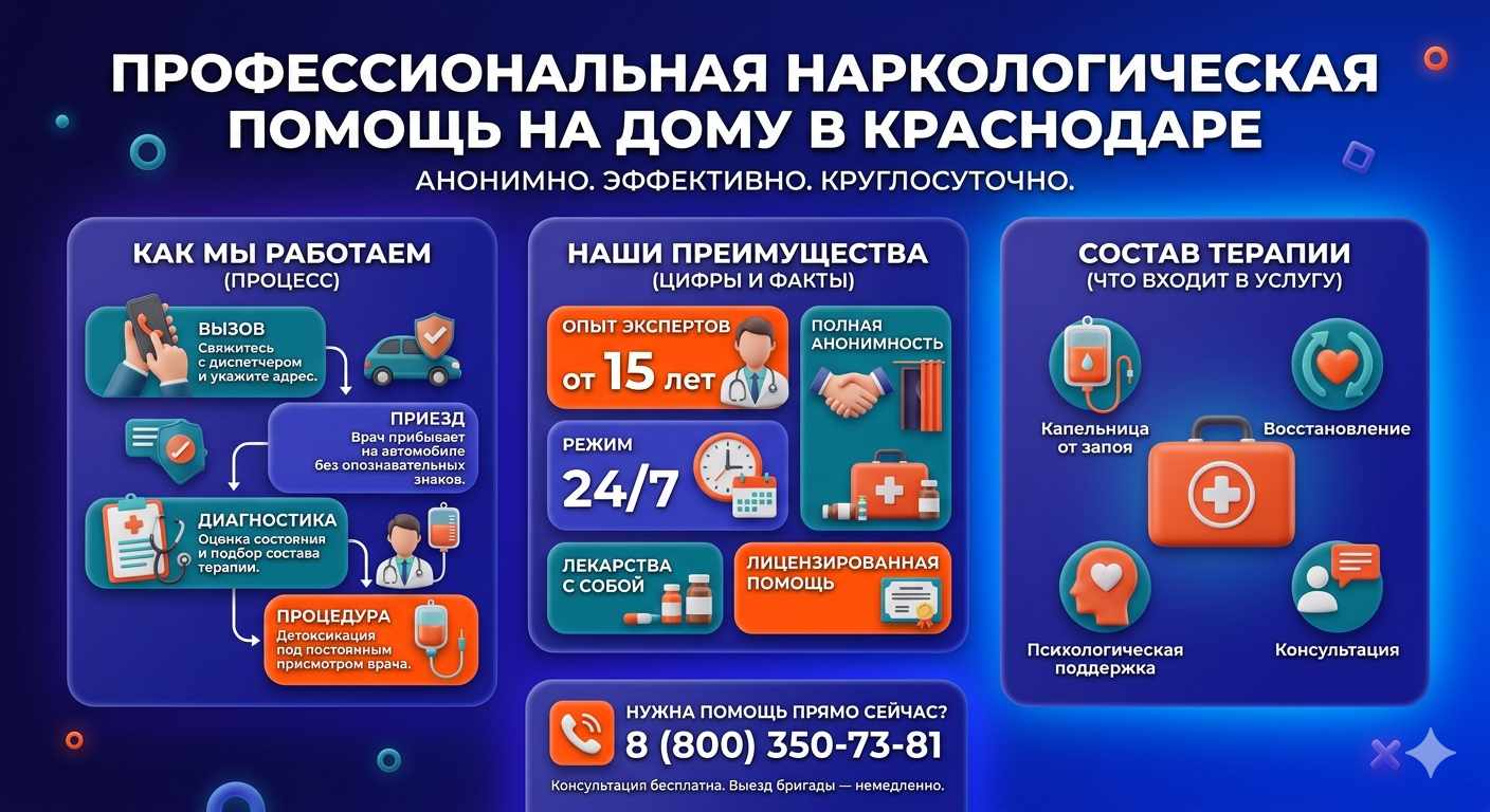 Инфографика о принципах лечения алкоголизма на дому в Туринске: этапы вызова нарколога, преимущества анонимной детоксикации и состав медицинской помощи.